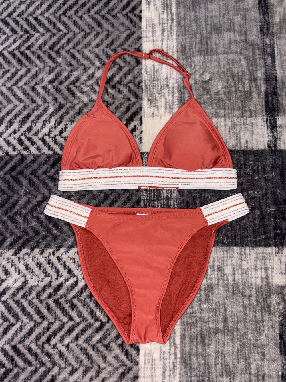 Xhilaration Rust Red Triangle Bikini with Striped Elastic Band